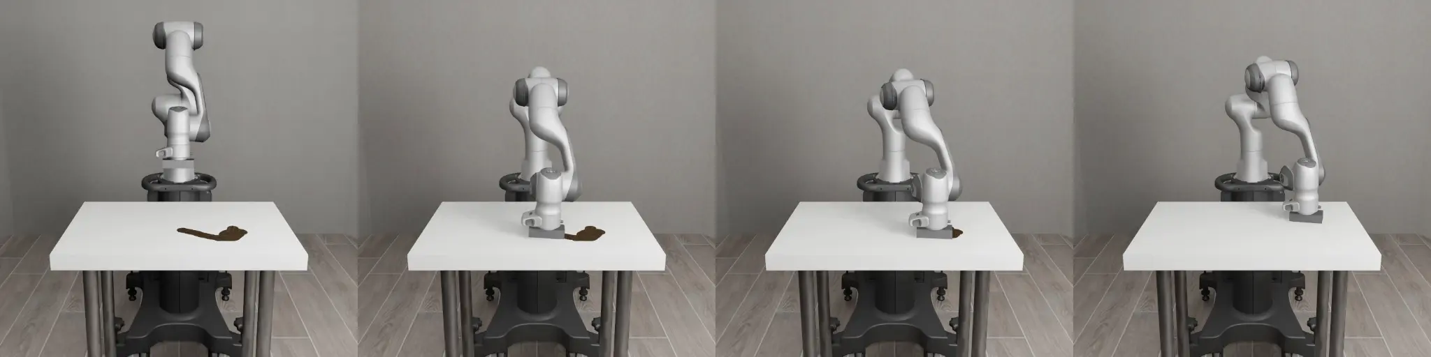 A Panda robot moving an object across a simulated tabletop